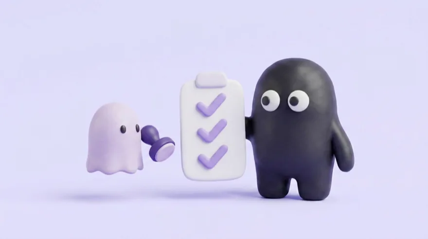 The Velo mascot holds up a checklist while a ghost stamps it approved