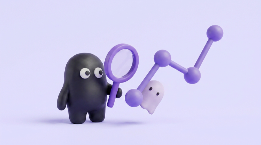 The Velo mascot inspecting a chart with a magnifying glass while a ghost hides