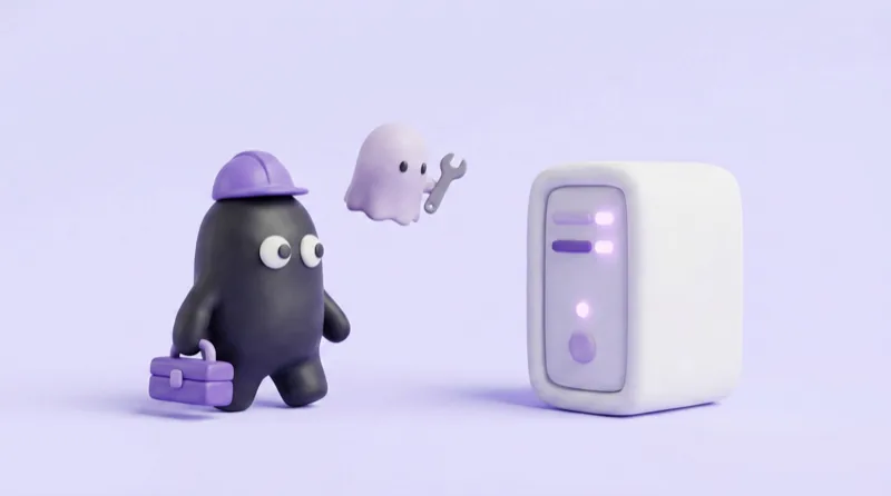 The Velo mascot in a hard hat walks toward a server with a toolbox