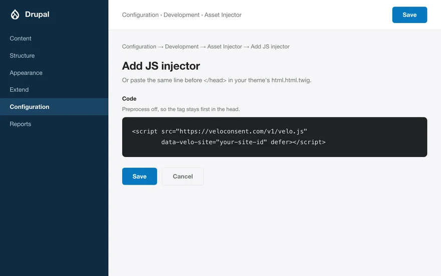 The Drupal admin with the Velo snippet pasted into the site head