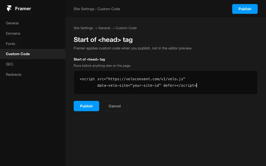 The Framer admin with the Velo snippet pasted into the site head