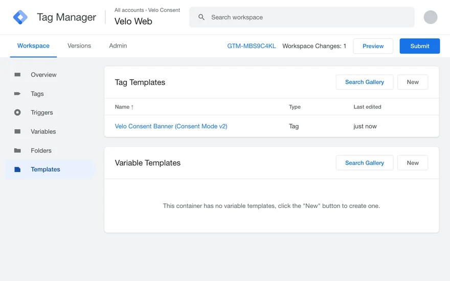 The Tag Templates list in Google Tag Manager with the Velo CMP template imported