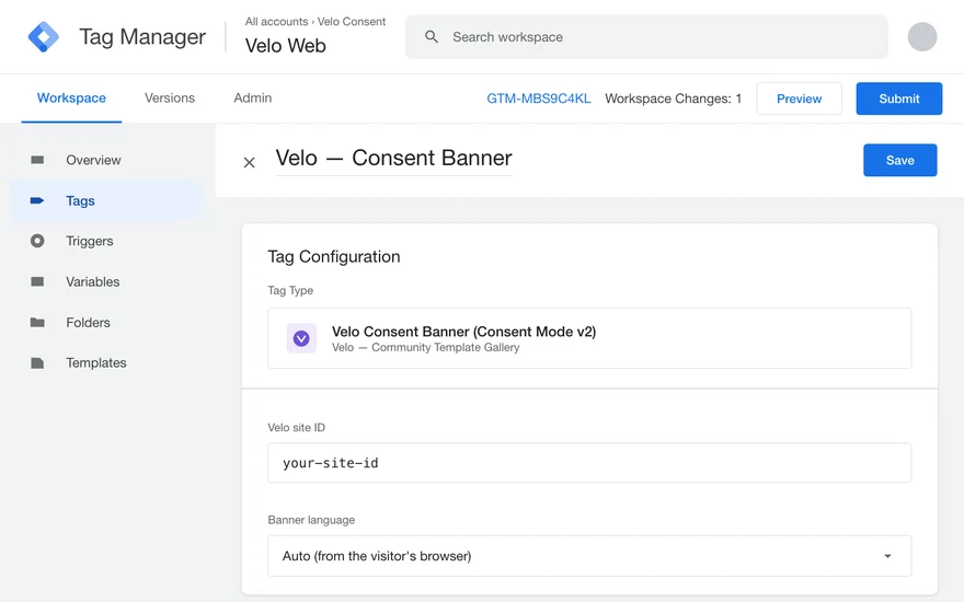 A new tag in Google Tag Manager using the Velo Consent Banner template, site ID filled in