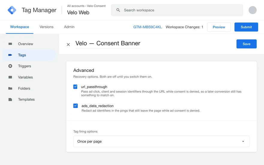 The Advanced section of the Velo tag with url_passthrough and ads_data_redaction ticked