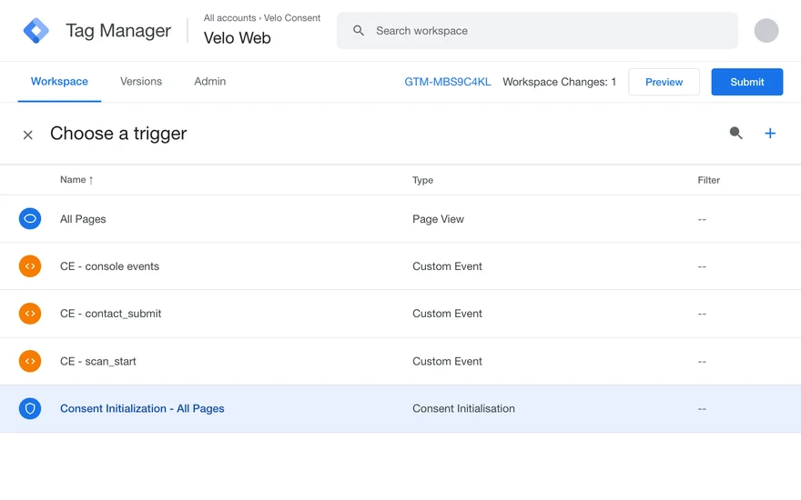 The Choose a trigger list with Consent Initialization – All Pages selected