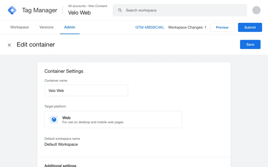 Container Settings in Google Tag Manager with Enable consent overview ticked