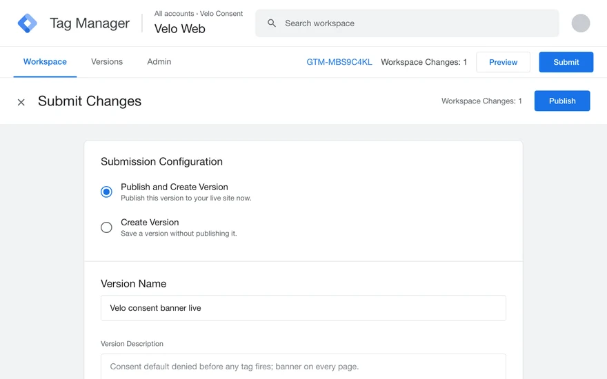 The Submit Changes screen in Google Tag Manager with Publish and Create Version selected