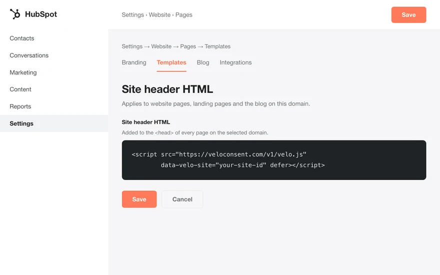 The HubSpot admin with the Velo snippet pasted into the site head