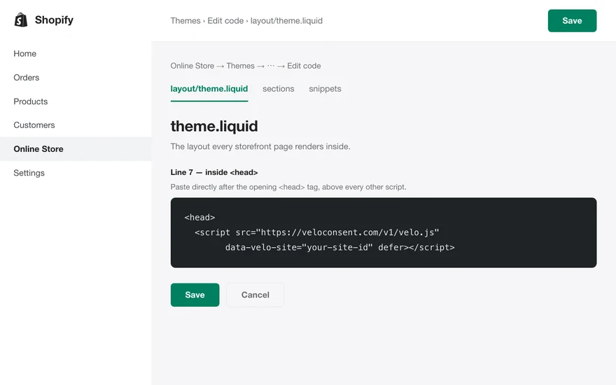 The Shopify admin with the Velo snippet pasted into the site head