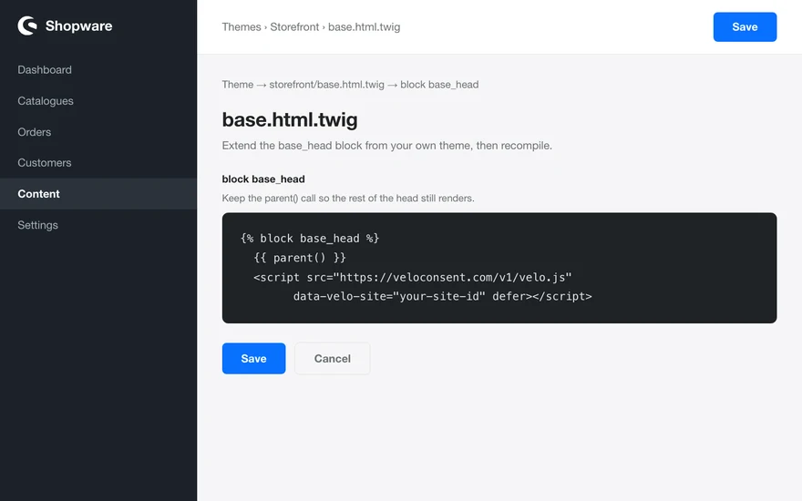The Shopware admin with the Velo snippet pasted into the site head