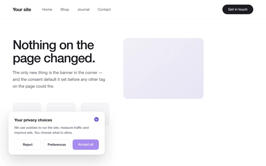 An ordinary web page with the Velo consent banner in the bottom left corner