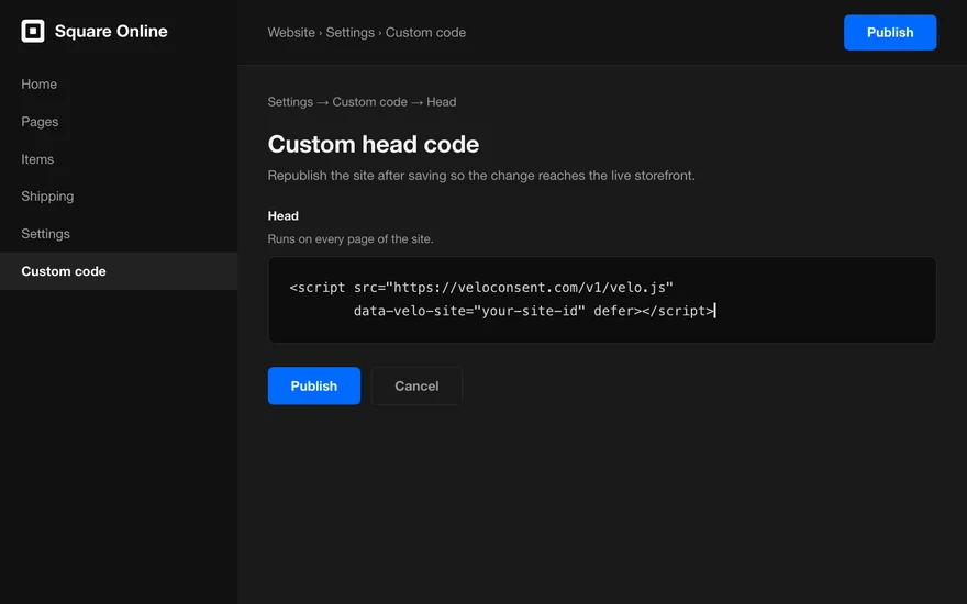 The Square Online admin with the Velo snippet pasted into the site head