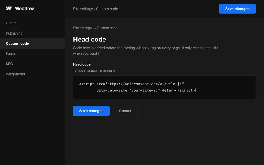 The Webflow admin with the Velo snippet pasted into the site head