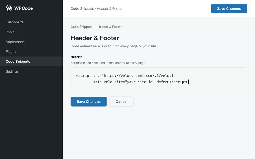 The WordPress admin with the Velo snippet pasted into the site head